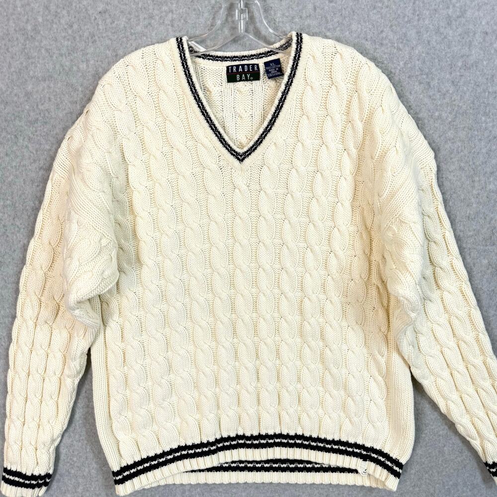 Vtg Trader Bay V-Neck Tennis Sweater Size XL Cable Knit Preppy Nautical Cotton